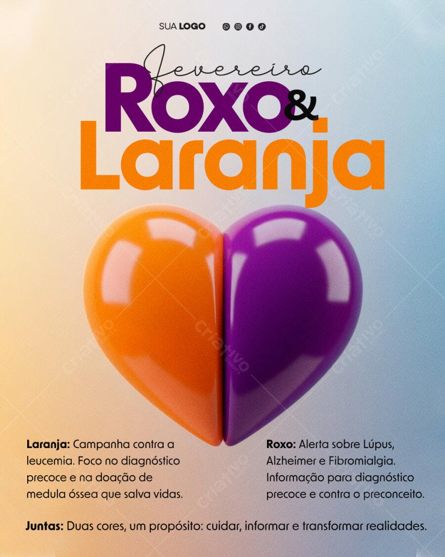 Post Instagram Fevereiro Roxo Laranja Saúde PSD Editável