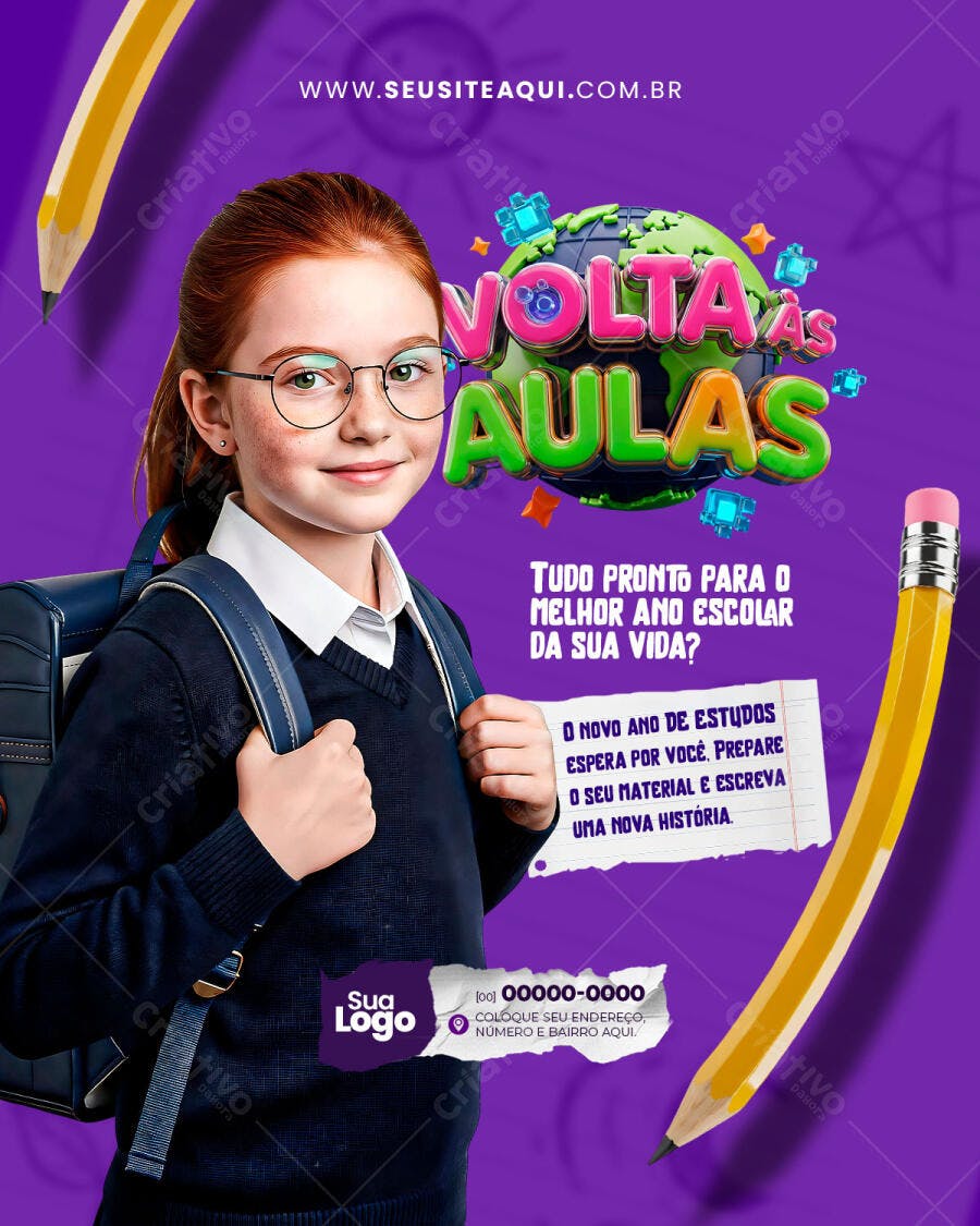 Post Instagram Volta às Aulas Escola Educação PSD Editável