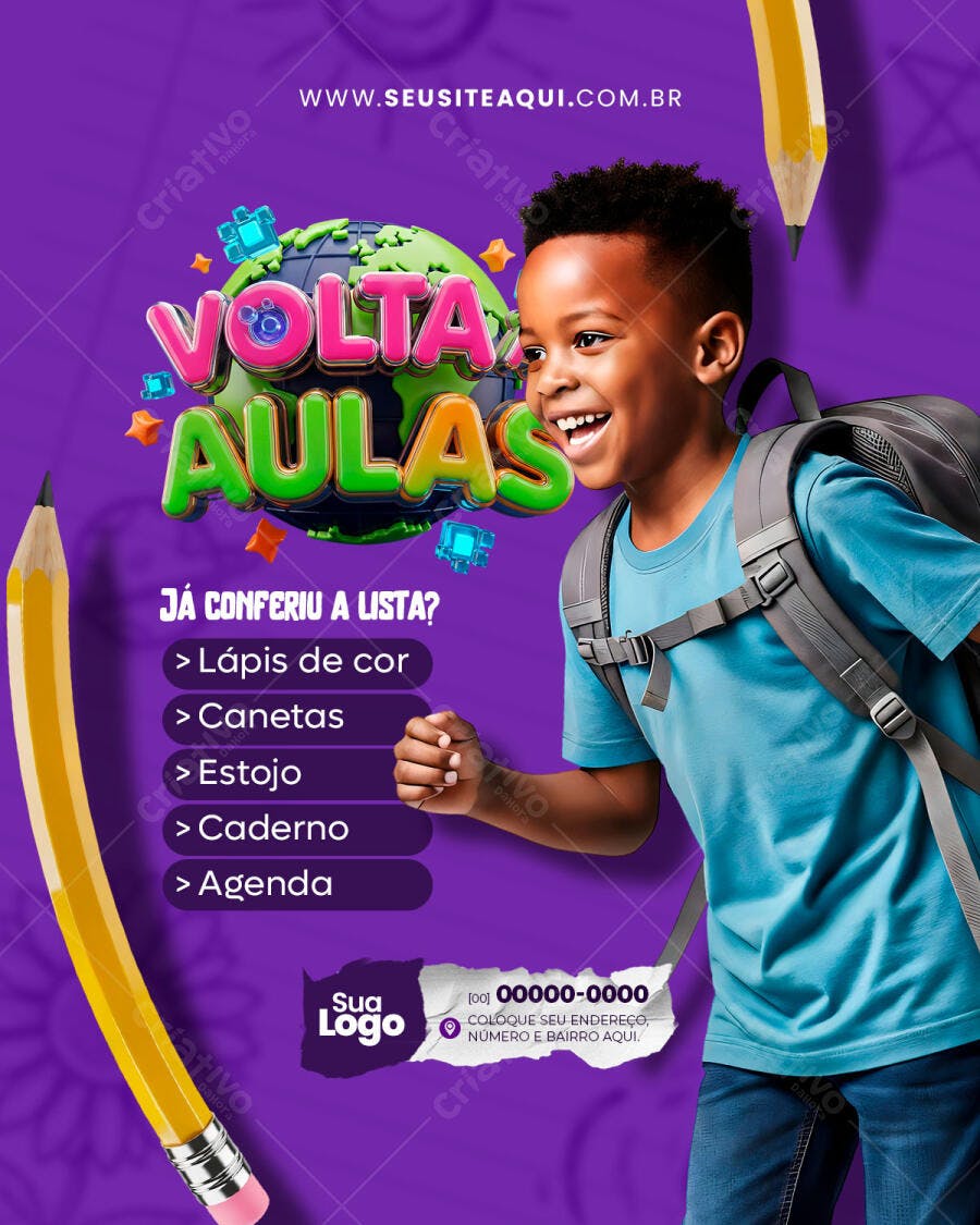 Post Instagram Volta Aulas Escolas Material Escolar PSD Editável