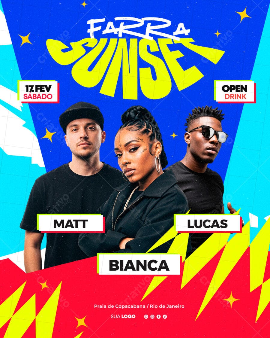 Flyer Festa Farra Sunset Fevereiro PSD Editável