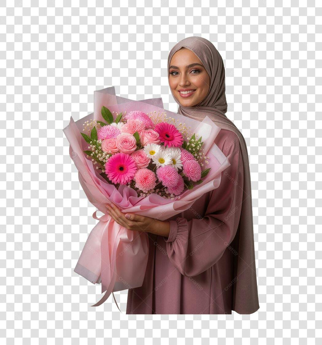 Foto Recortada Mulher Hijab Buquê Flores Rosas PNG Fundo Transparente