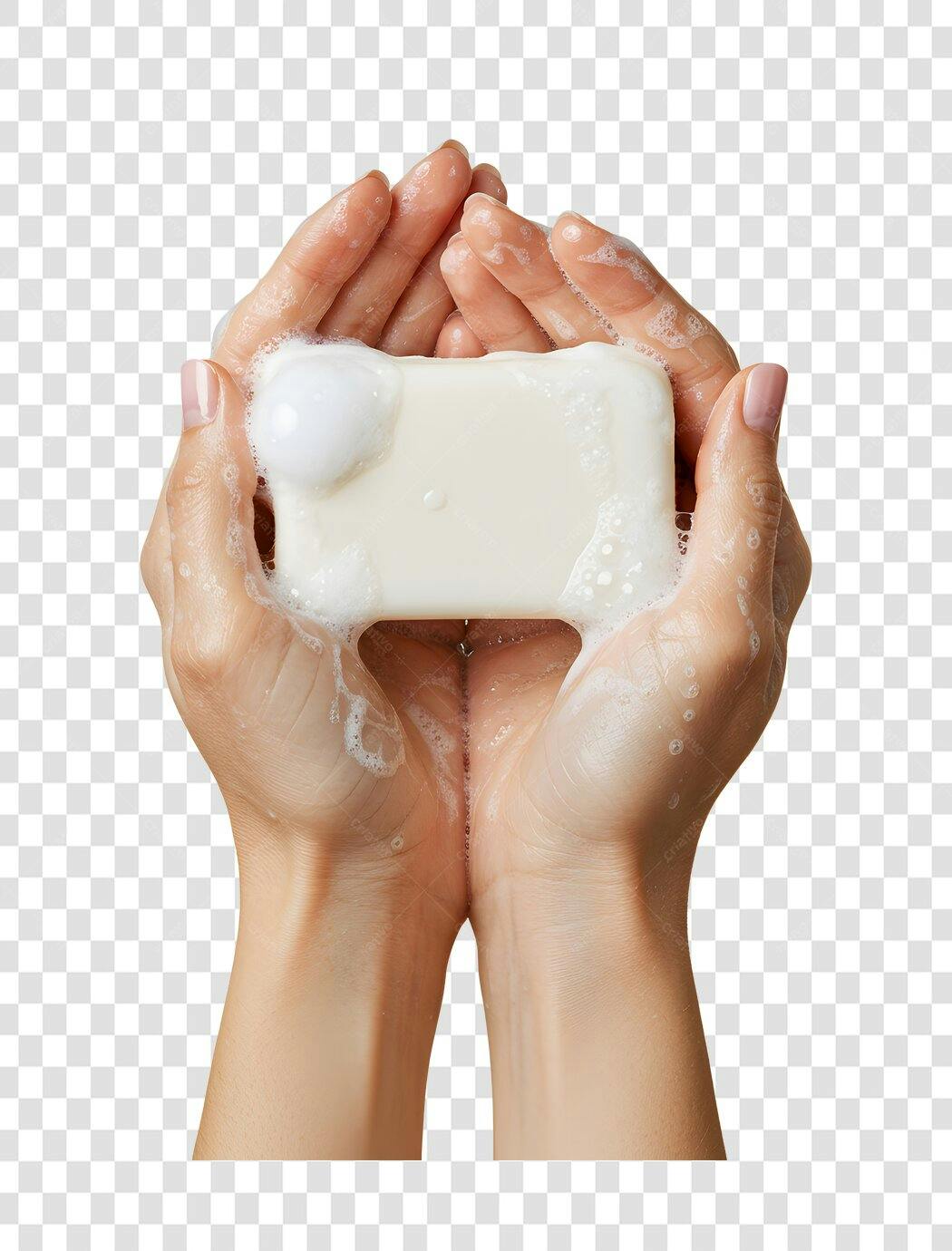 Foto Recortada Mãos Segurando Sabonete com Espuma PNG Fundo Transparente