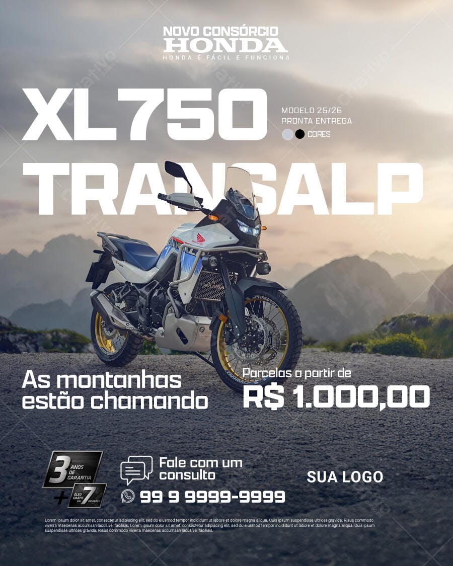 Post Instagram Consórcio Honda Moto XL750 Transalp PSD Editável