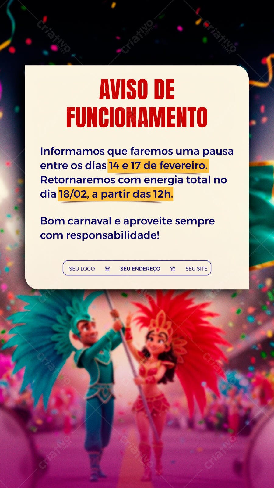 Story Instagram Carnaval Aviso Funcionamento PSD Editável