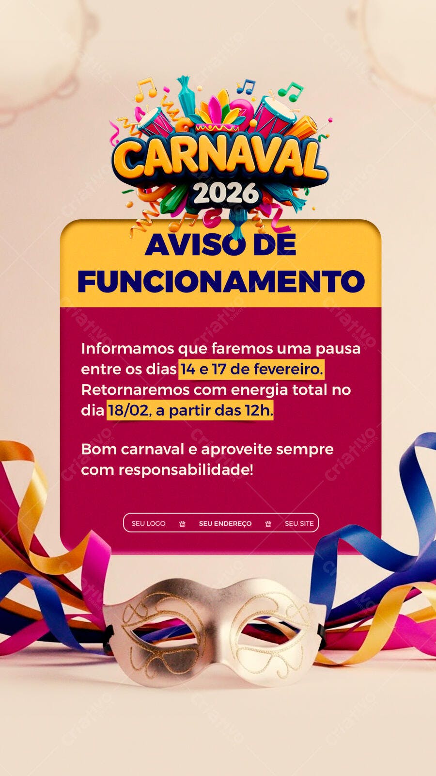 Post Instagram Carnaval Aviso Funcionamento PSD Editável