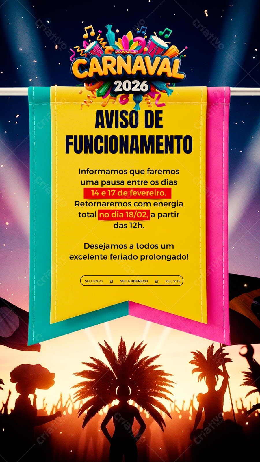 Story Instagram Carnaval Aviso Funcionamento PSD Editável