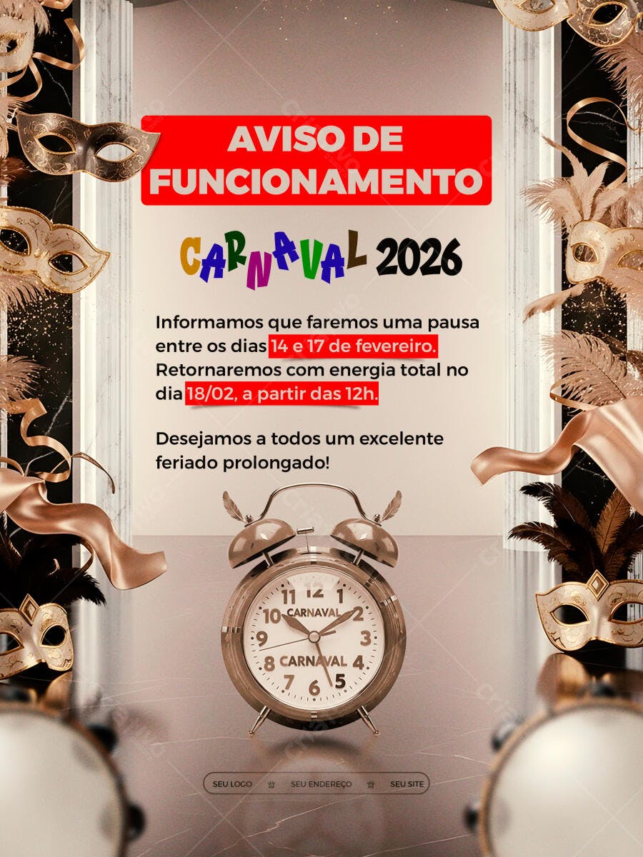 Aviso Funcionamento Carnaval Fevereiro PSD Editável