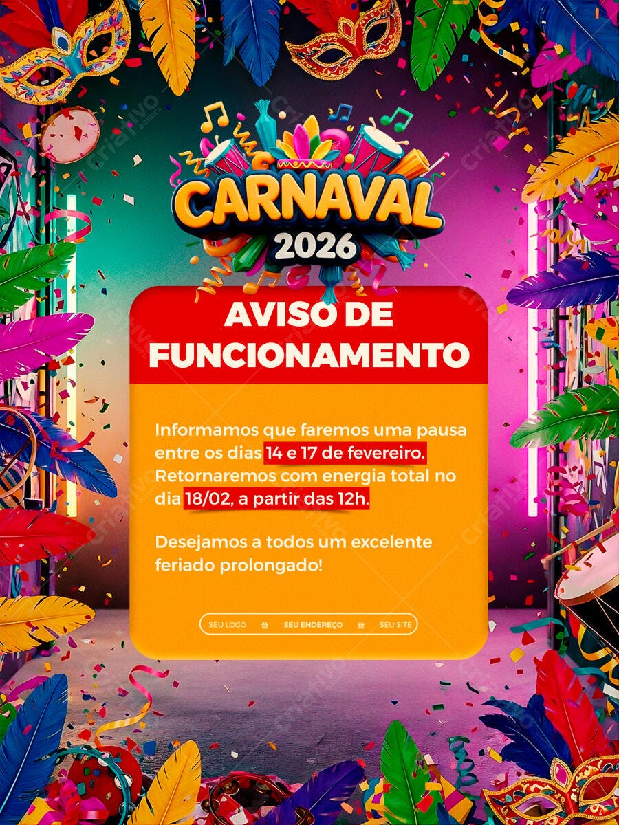 Post Instagram Carnaval 2026 Aviso Funcionamento PSD Editável