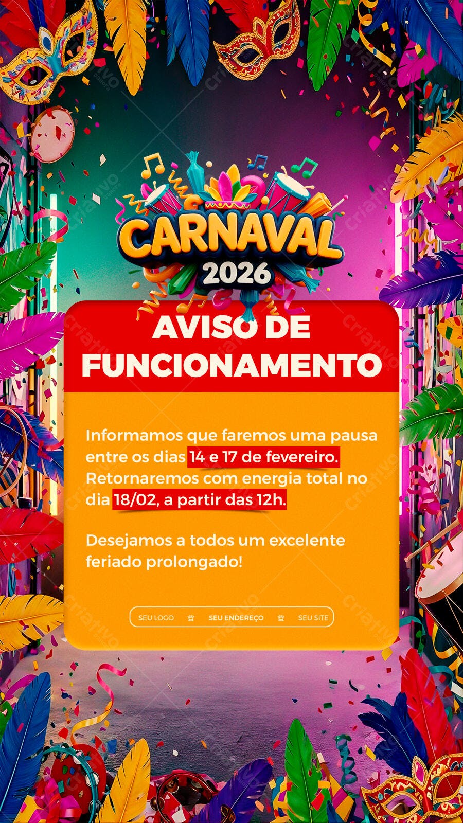 Story Instagram Carnaval 2026 Aviso Funcionamento PSD Editável