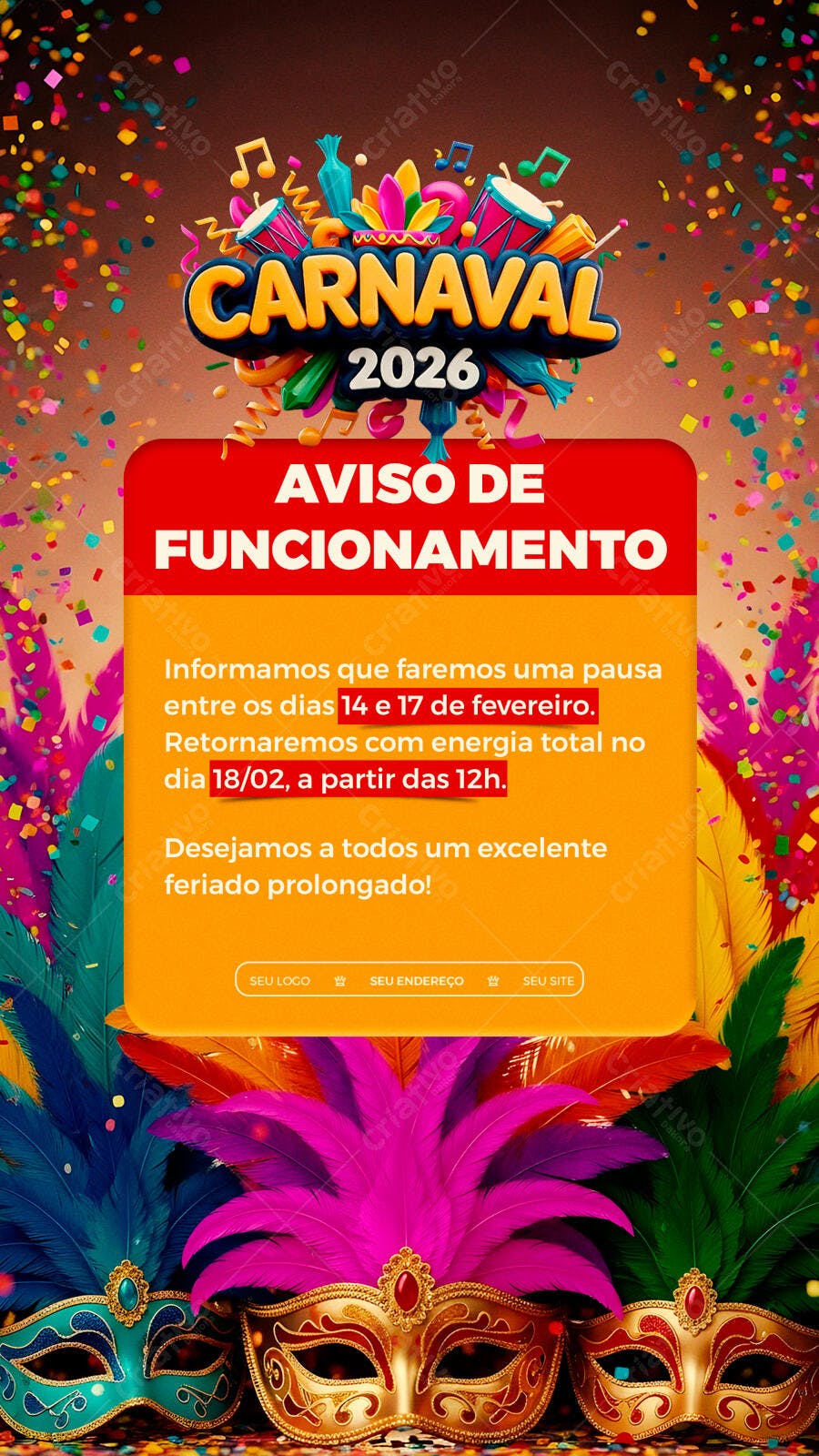 Story Instagram Carnaval 2026 Aviso Funcionamento PSD Editável