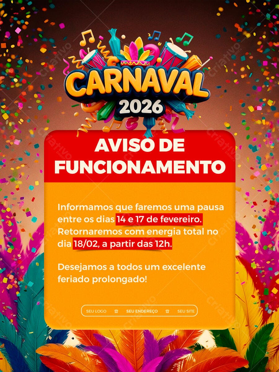 Post Carnaval 2026 Aviso Funcionamento PSD Editável