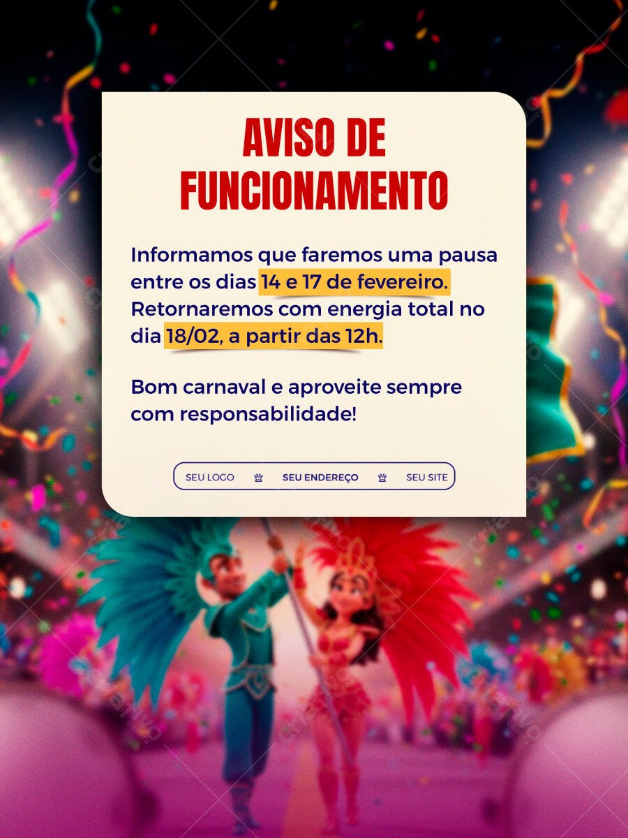 Post Instagram Aviso Carnaval Fevereiro PSD Editável