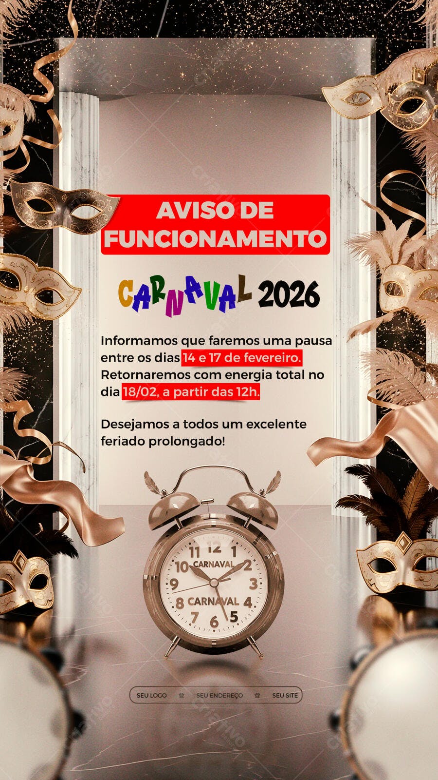 Story Instagram Aviso Funcionamento Carnaval 2026 PSD Editável