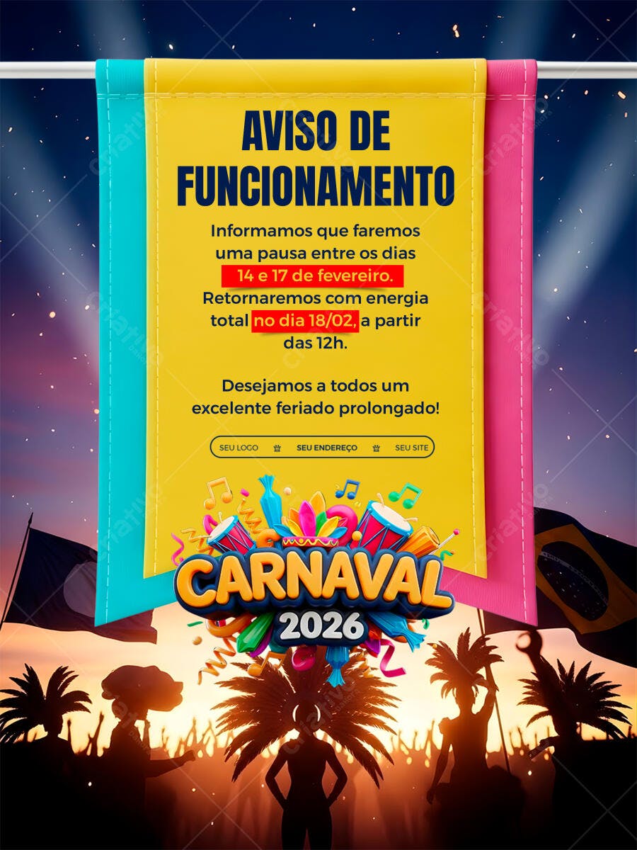 Flyer Carnaval Fevereiro Aviso Funcionamento PSD Editável