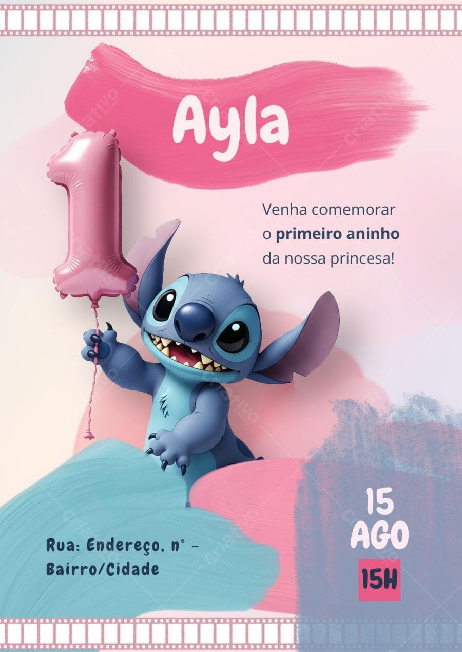 Convite Aniversário Stitch 1 Ano Rosa Azul Editável