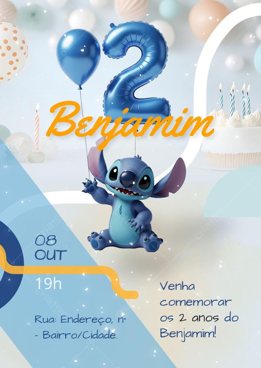 Convite Aniversário Stitch 2 Anos Azul Editável
