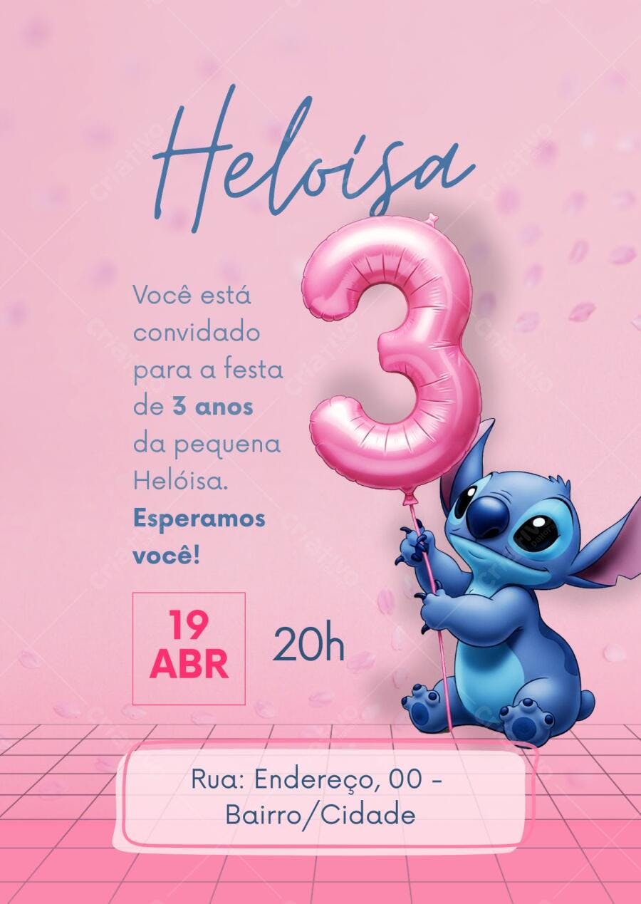 Convite Aniversário Stitch 3 Anos Rosa Editável