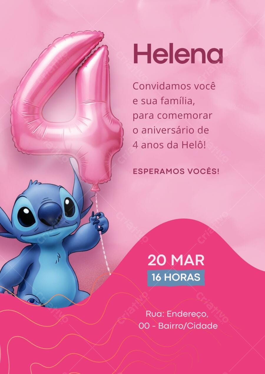 Convite Aniversário Stitch 4 Anos Rosa Editável