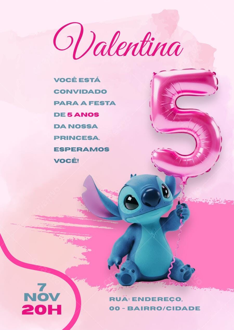 Convite Aniversário Stitch 5 Anos Rosa Editável