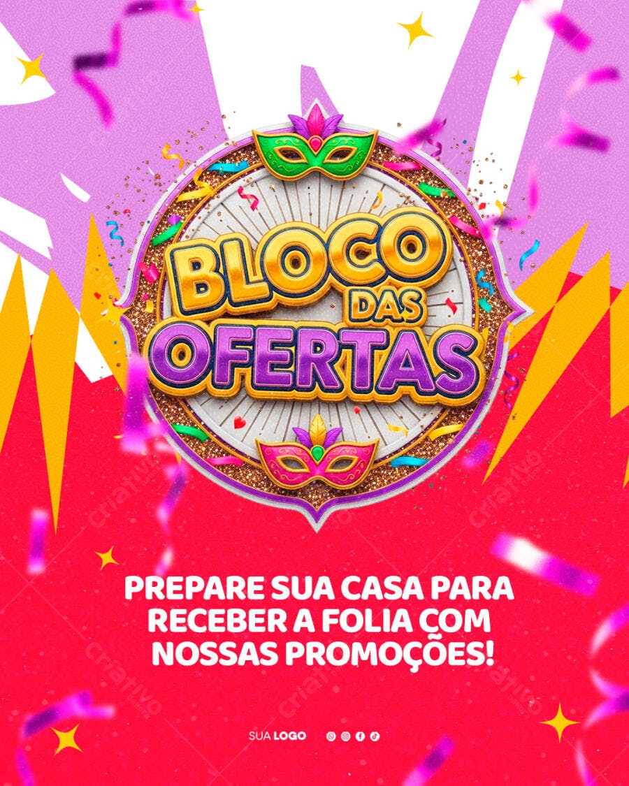 Post Instagram Carnaval Bloco de Ofertas PSD Editável