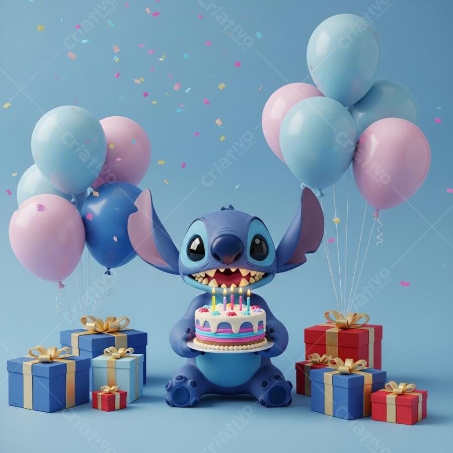 Foto Stitch Aniversário Bolo Balões Presentes Fundo Azul