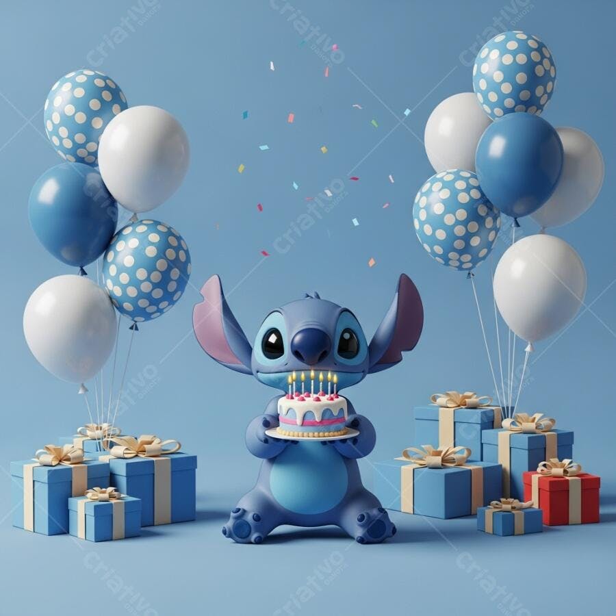 Foto Stitch Aniversário Bolo Velas Balões Azuis