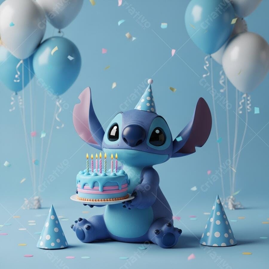 Stitch Aniversário Bolo Festa Infantil Balões Azuis