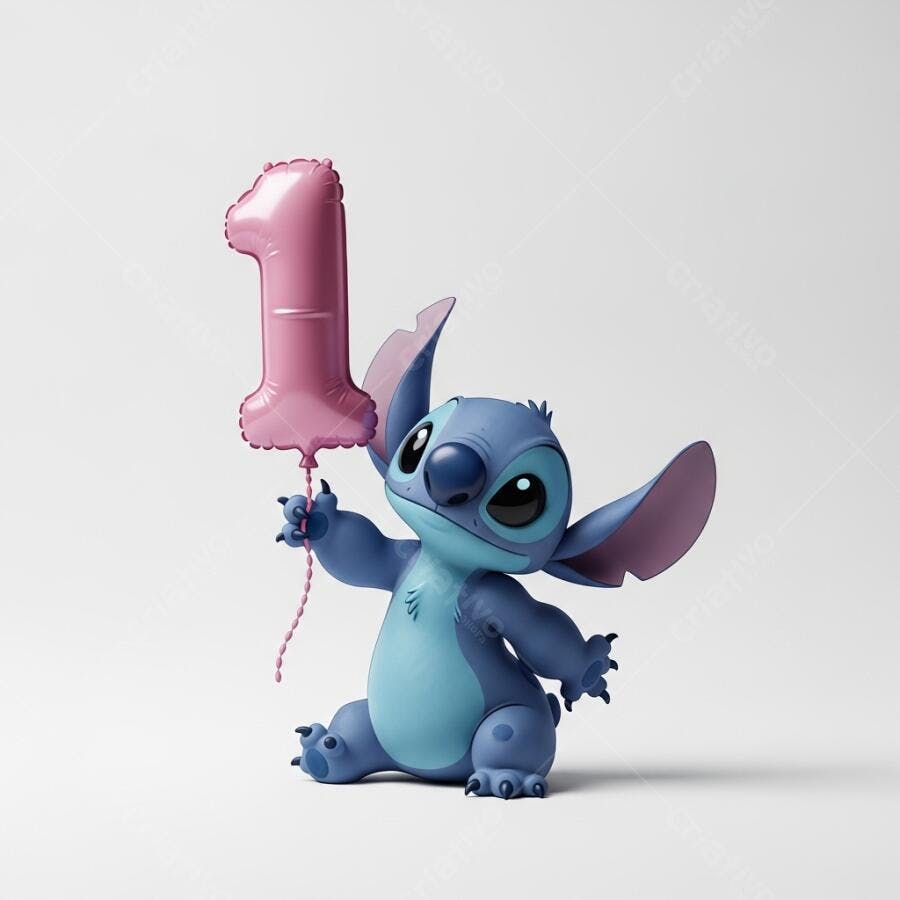 Stitch Segurando Balão Número 1 Rosa Aniversário Infantil