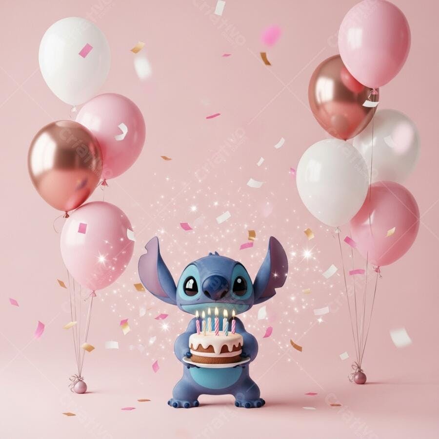 Foto Stitch Aniversário Bolo Velas Balões Rosa