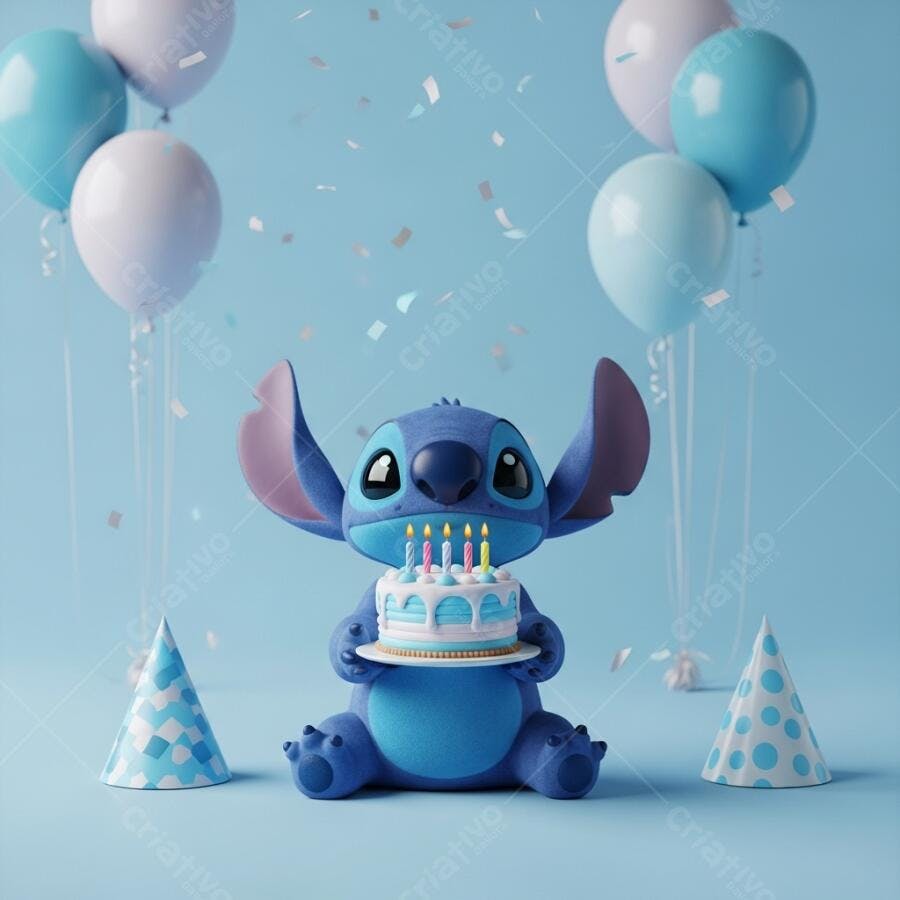 Foto Stitch Aniversário Bolo Confetes Balões Azuis