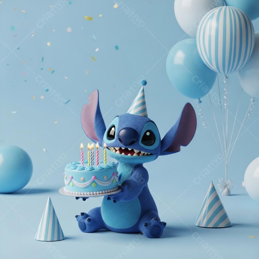 Foto Stitch Aniversário Bolo Festa Infantil Fundo Azul