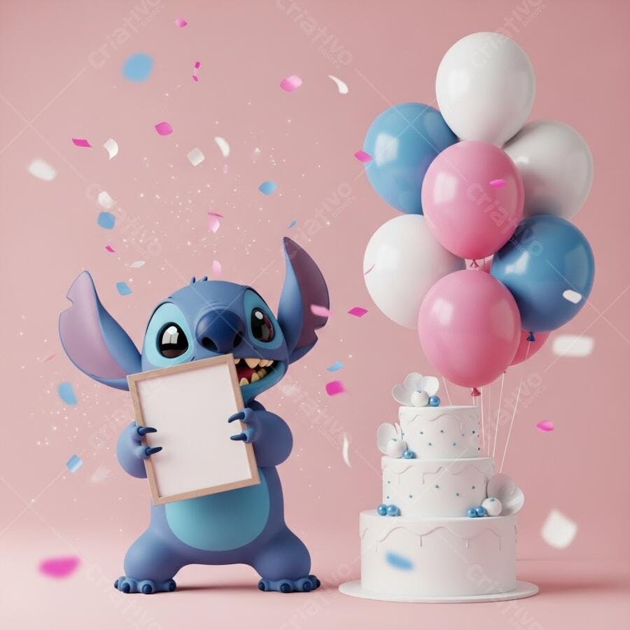 Stitch Segurando Placa em Festa de Aniversário Infantil