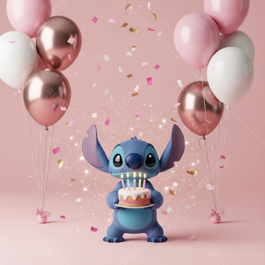 Foto Stitch Aniversário Bolo Balões Rosa e Dourado