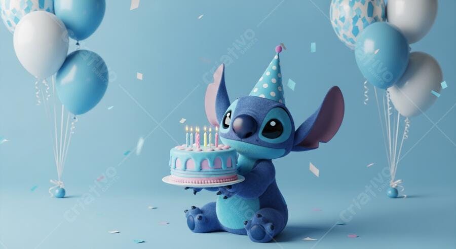 Foto Stitch Aniversário Bolo Chapéu de Festa Balões