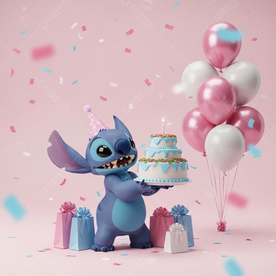 Stitch Festa Aniversário Bolo Balões Confetes Rosa