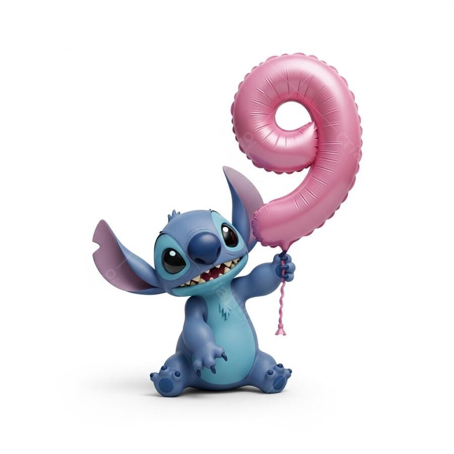Stitch Segurando Balão Número 9 Rosa Aniversário Infantil