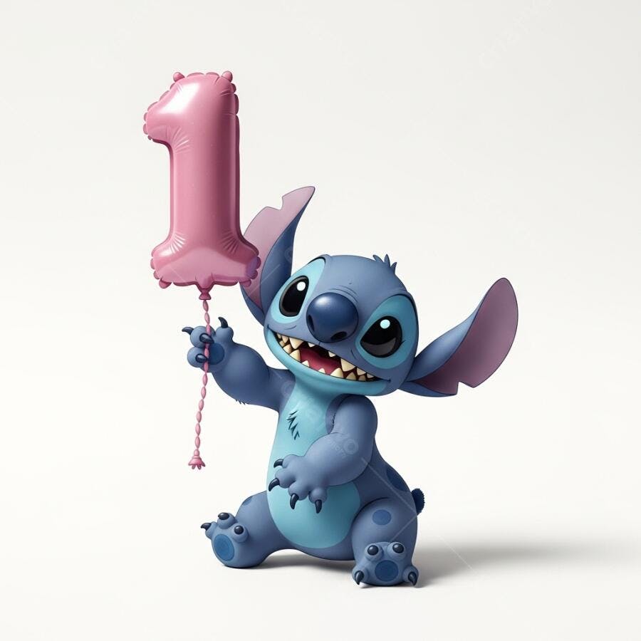 Foto Stitch Segurando Balão Número 1 Rosa Aniversário