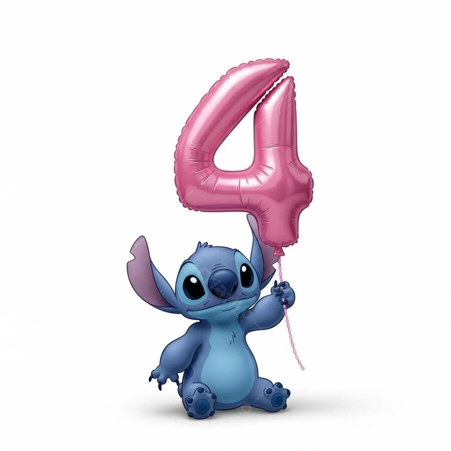 Stitch Segurando Balão Número 4 Rosa Aniversário Infantil
