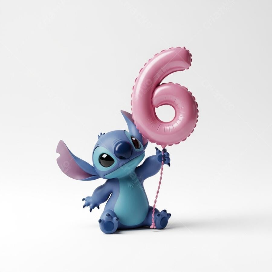 Stitch Segurando Balão Número 6 Rosa Aniversário Infantil