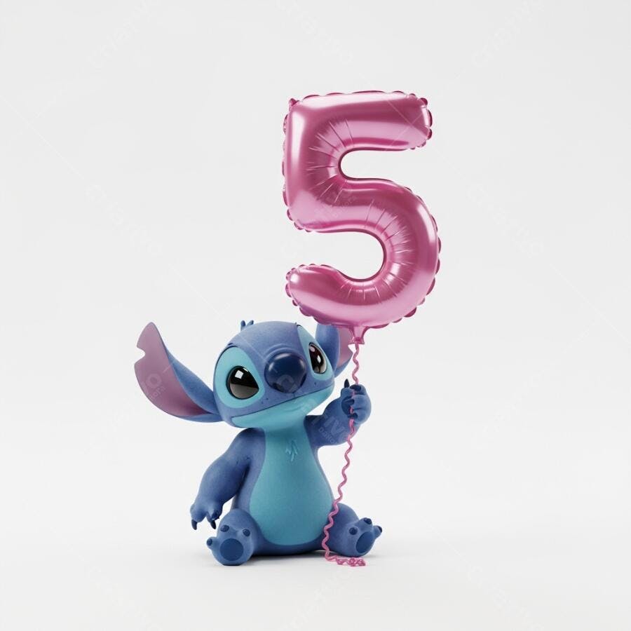 Stitch Segurando Balão Número 5 Rosa Aniversário Infantil
