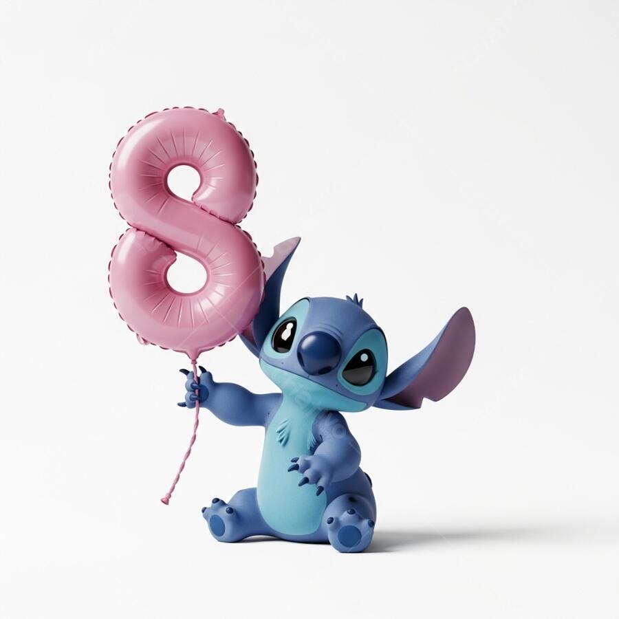 Stitch Segurando Balão Número 8 Rosa Aniversário Infantil