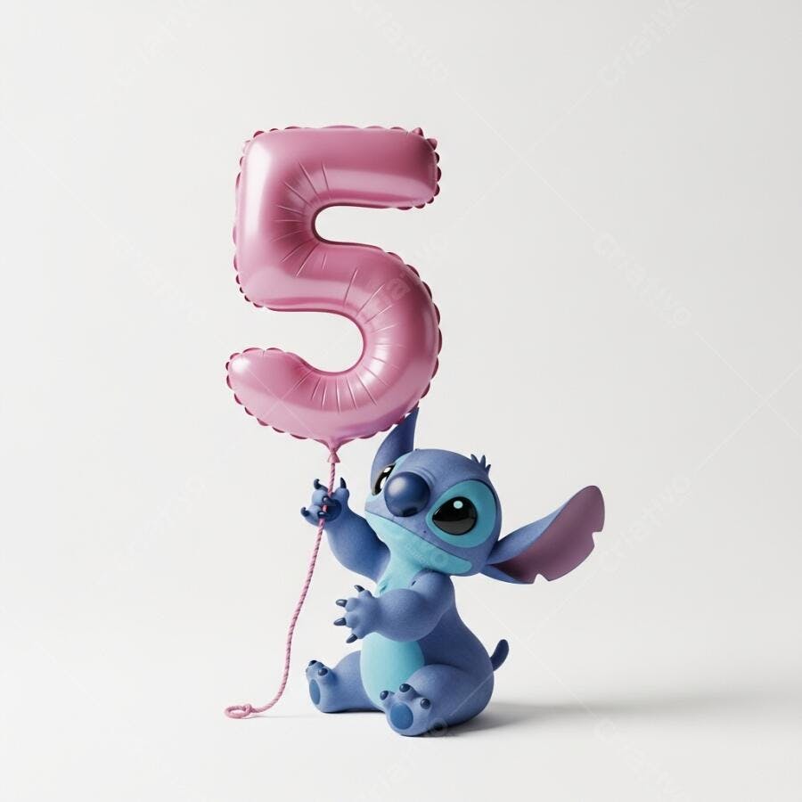 Stitch Segurando Balão Número 5 Rosa Aniversário Infantil