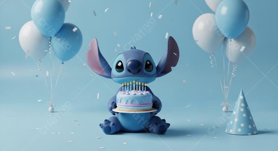 Foto Stitch Aniversário Bolo Balões Fundo Azul