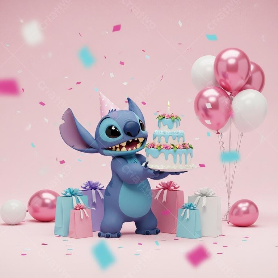 Foto Stitch Aniversário Bolo Balões Fundo Rosa