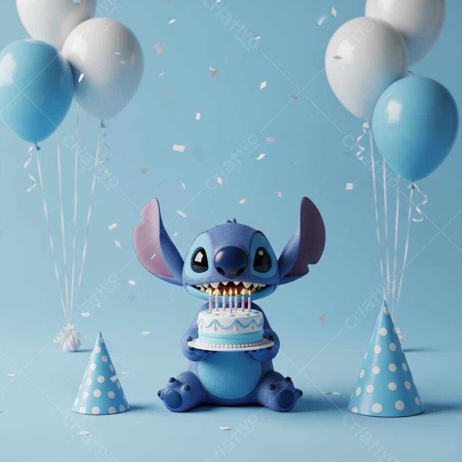 Foto Stitch Aniversário Bolo Confetes Balões Azuis