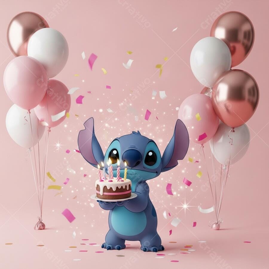 Foto Stitch Aniversário Bolo Balões Confetes Rosa