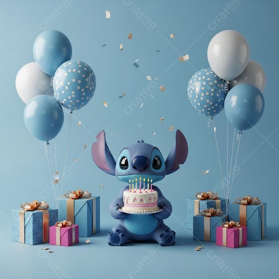 Foto Stitch Aniversário Bolo Balões Presentes Fundo Azul