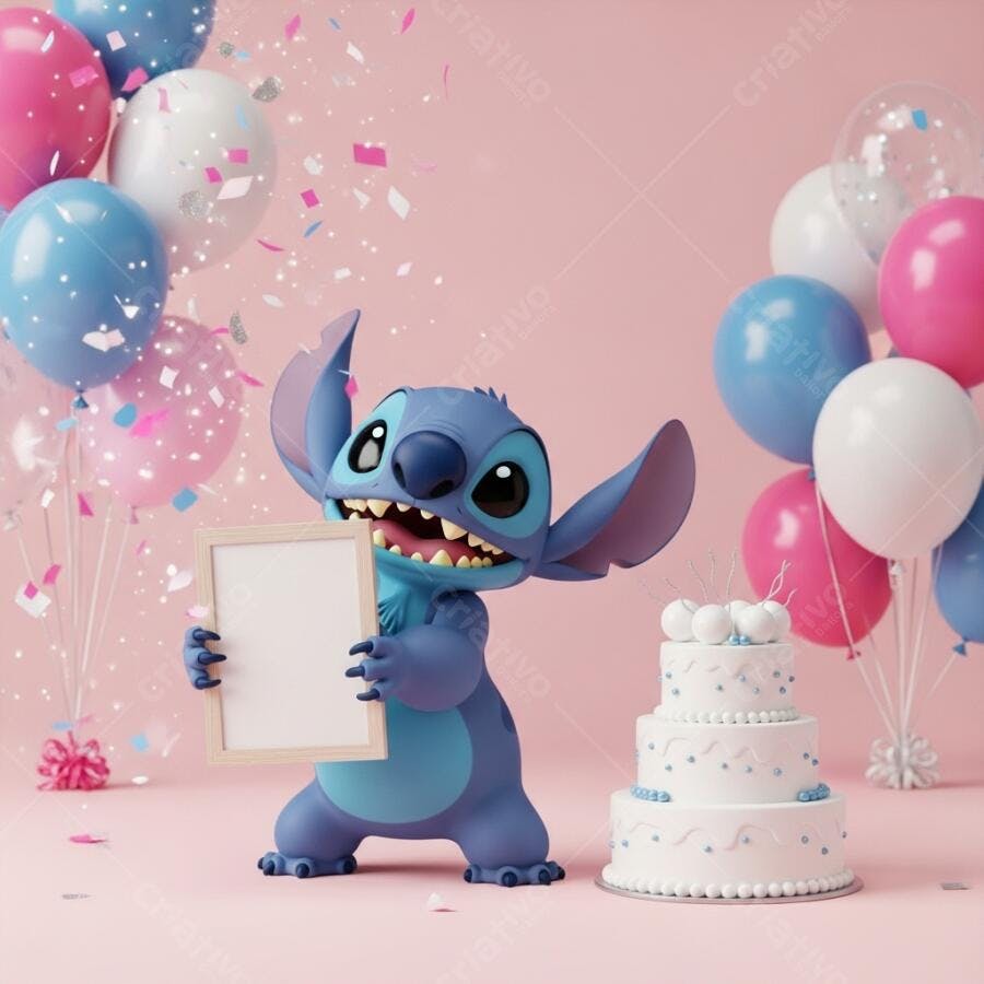 Stitch Segurando Placa em Festa de Aniversário Balões Rosa Azul