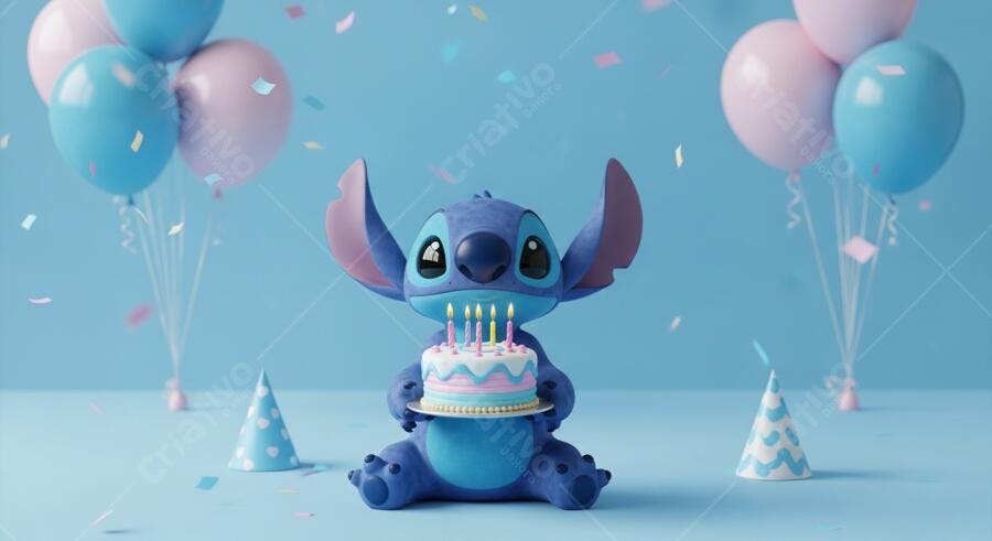 Foto Stitch Celebrando Aniversário Bolo Balões Fundo Azul