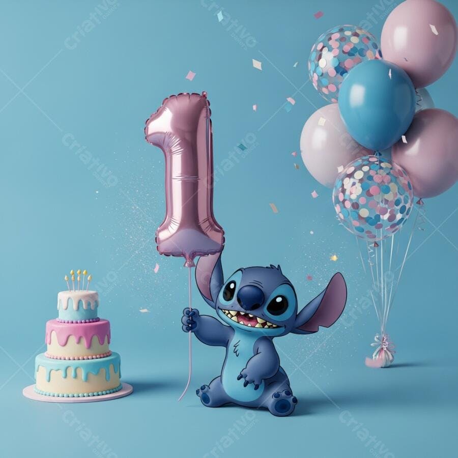 Foto Stitch Celebrando 1 Ano Balões e Bolo Aniversário Infantil